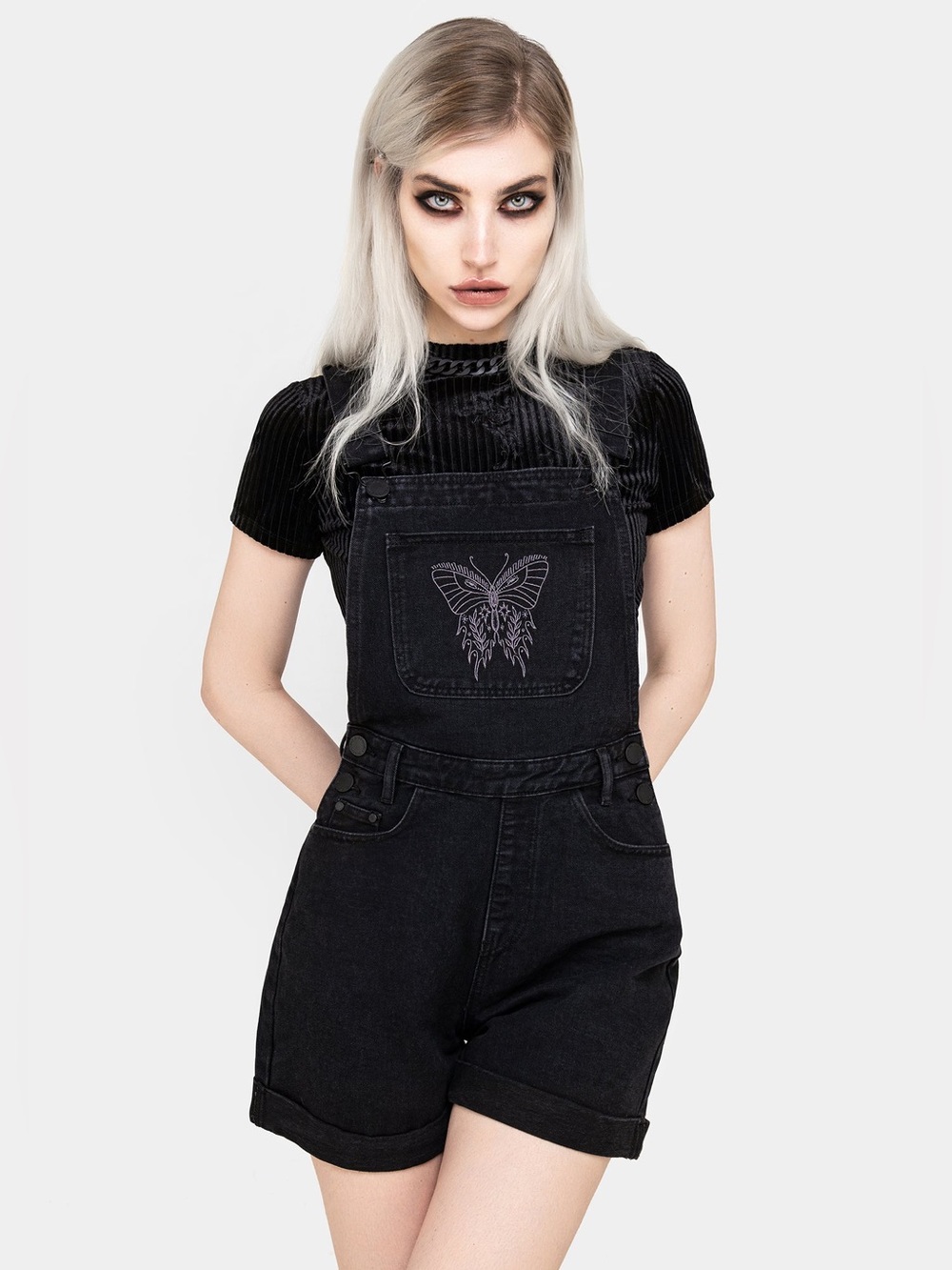 NWT Disturbia Papillion Embroidered Denim Dungaree Shorts Waist 24” / US 24